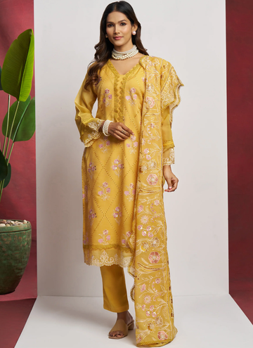 Organza Thread Embroidery Yellow Straight Suit For Haldi Function